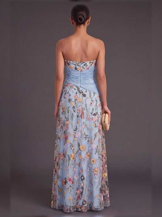 Blue column floor-length formal dress with ruffle details, alternate view
