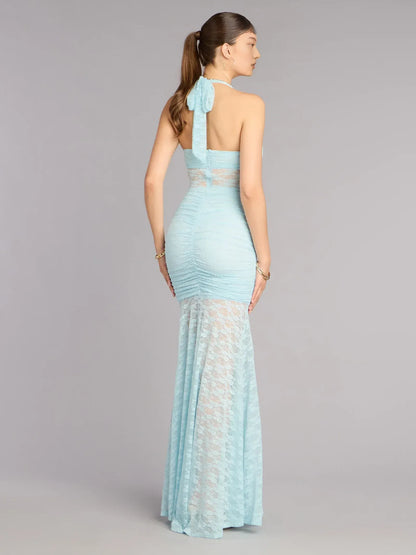 Light Blue mermaid floor-length formal dress with ruching, alternate view