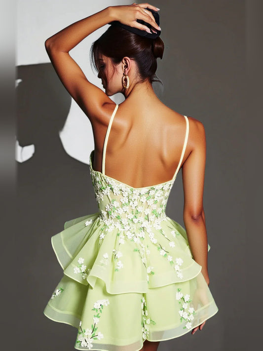 Sage Green mini homecoming dress, back view showing the rear of the dress