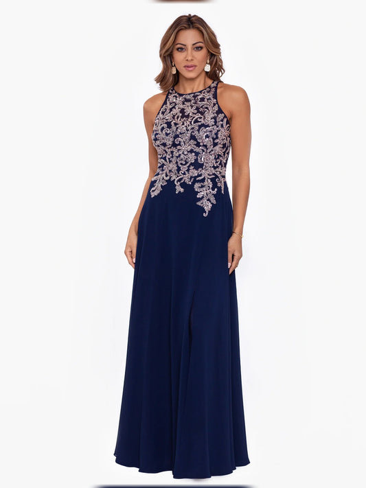 Dark Navy floor-length mother of the bride dress, alternate view showing the bodice and skirt