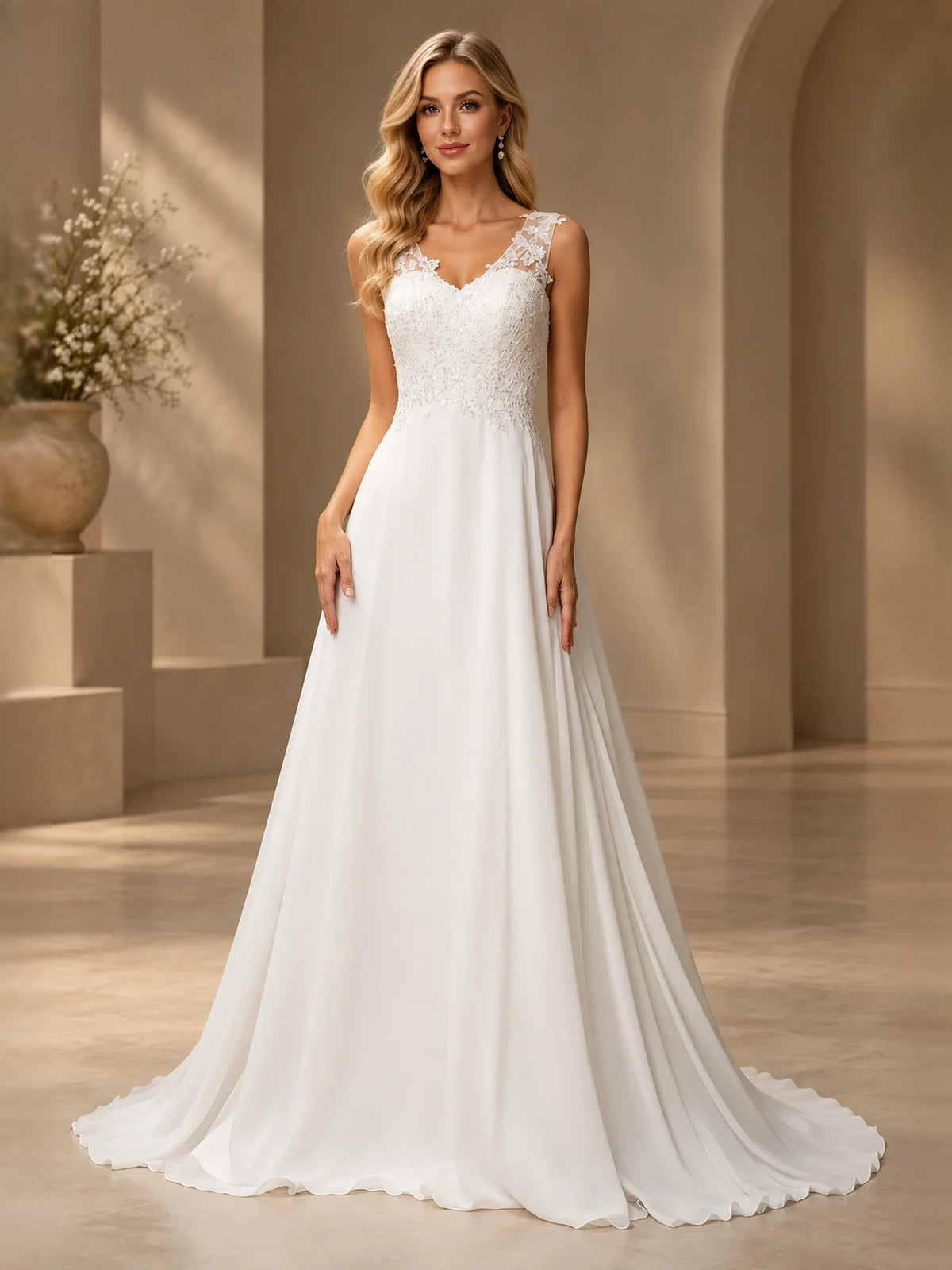 White floor-length wedding dress, alternate view showing the bodice and skirt