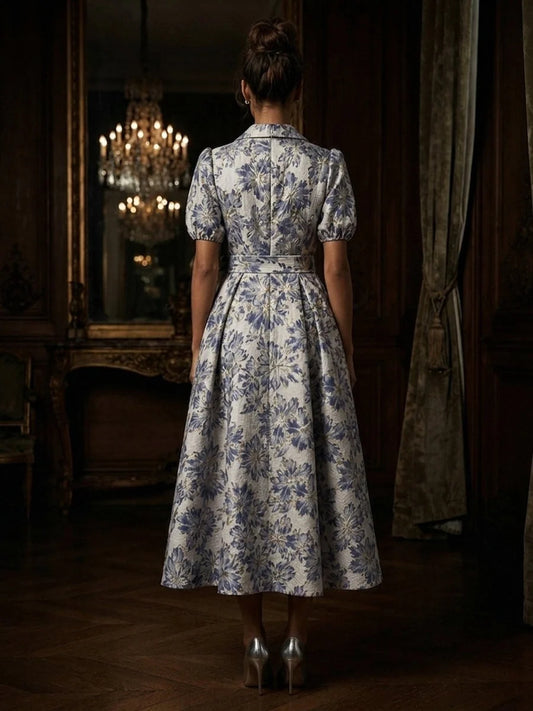 Steel Blue tea-length mother of the bride dress, alternate view showing the bodice and skirt