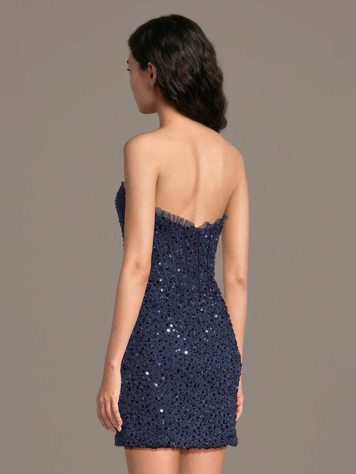 Navy Blue mini homecoming dress, back view showing the rear of the dress