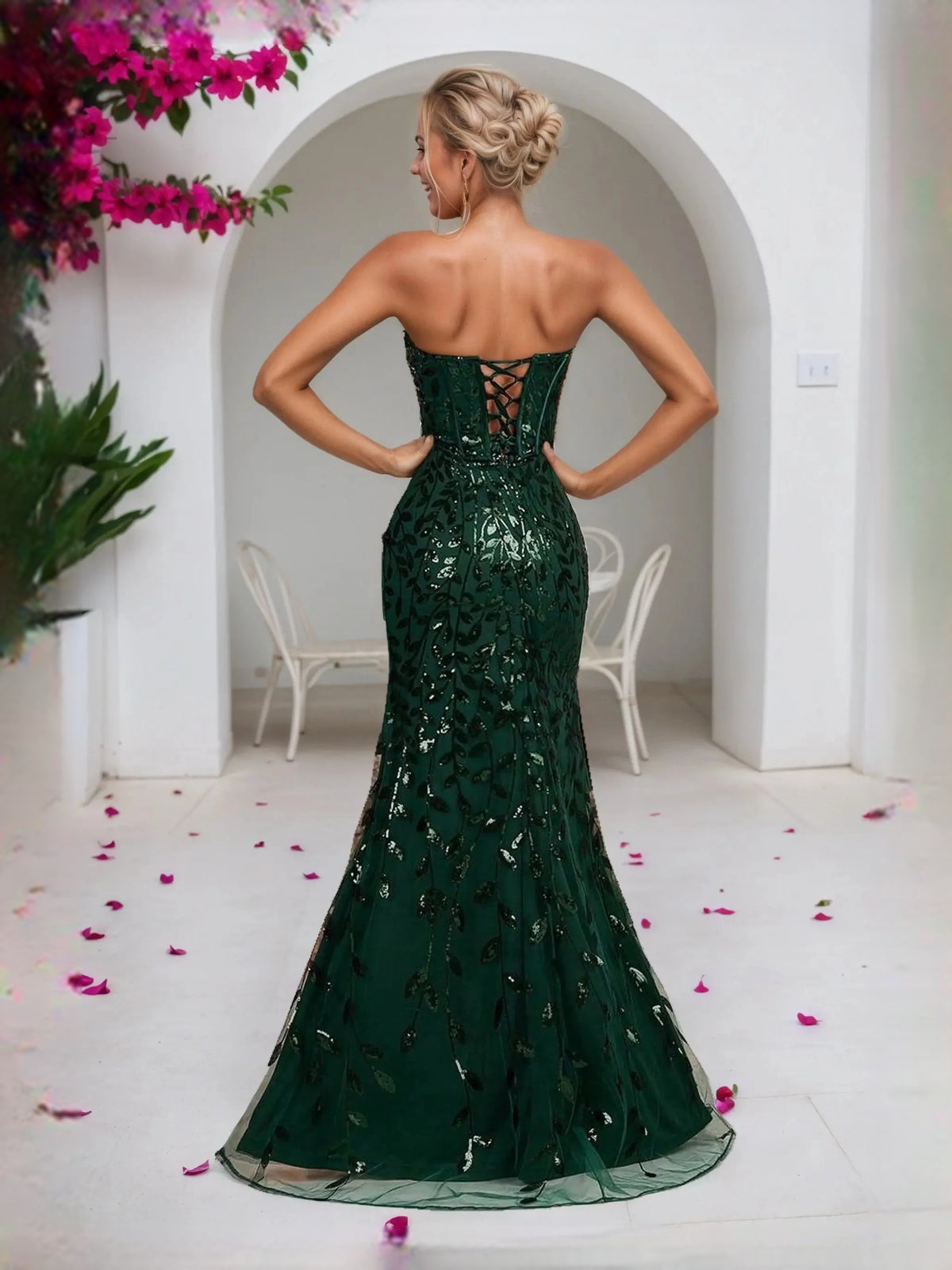 Emerald Green floor-length prom dress, back view showing the rear of the dress