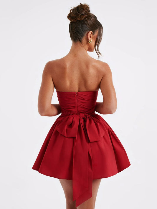 Red mini homecoming dress, alternate view showing the bodice and skirt