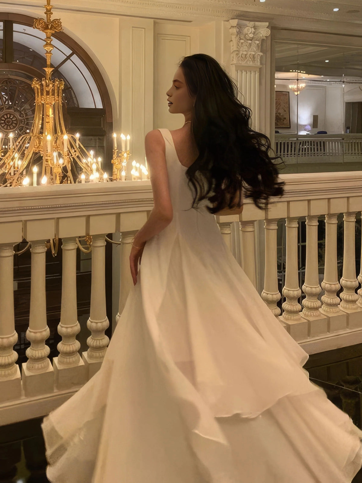 Ivory floor-length wedding dress, alternate view showing the bodice and skirt