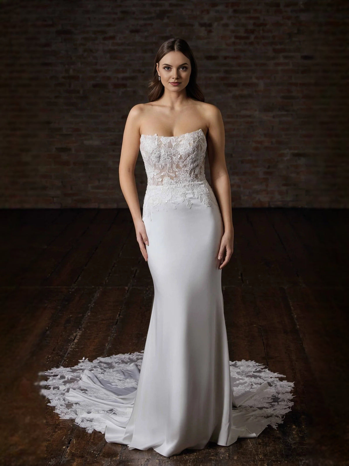 White floor-length wedding dress, alternate view showing the bodice and skirt