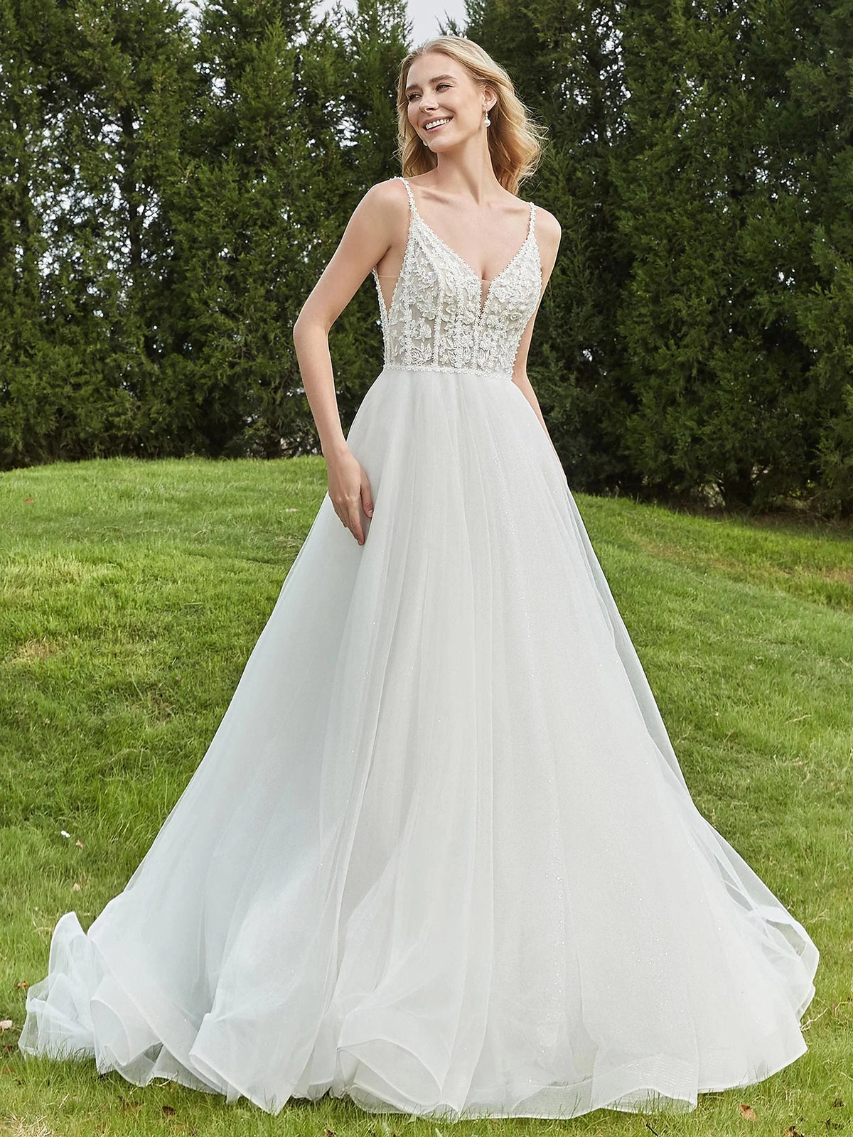 Ivory floor-length wedding dress, alternate view showing the bodice and skirt