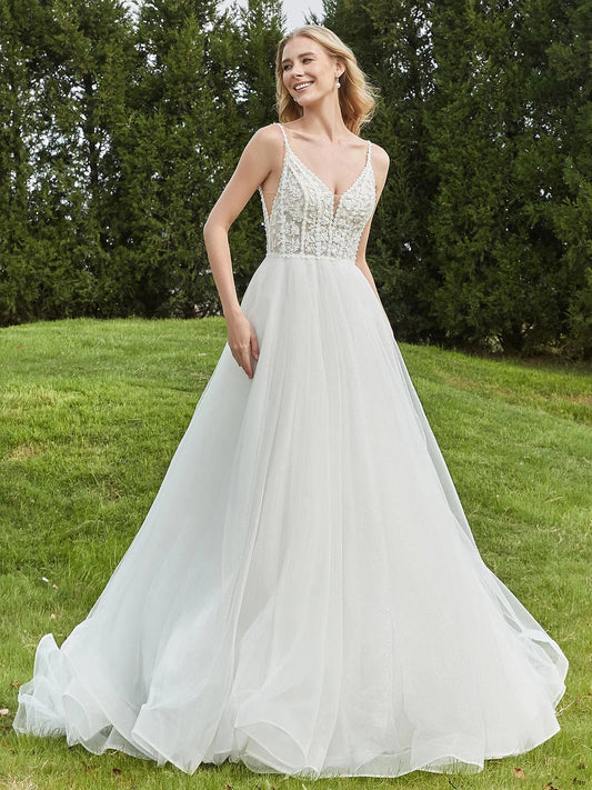 Ivory floor-length wedding dress, alternate view showing the bodice and skirt