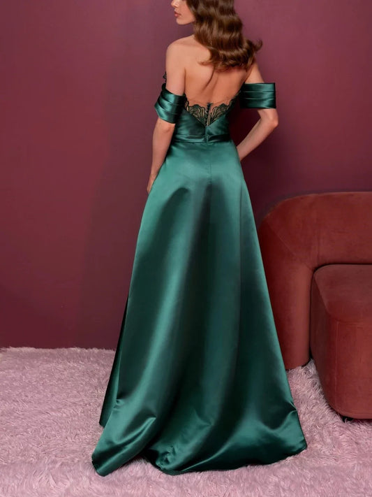 Emerald Green a-line floor-length formal dress with skirt slit, alternate view