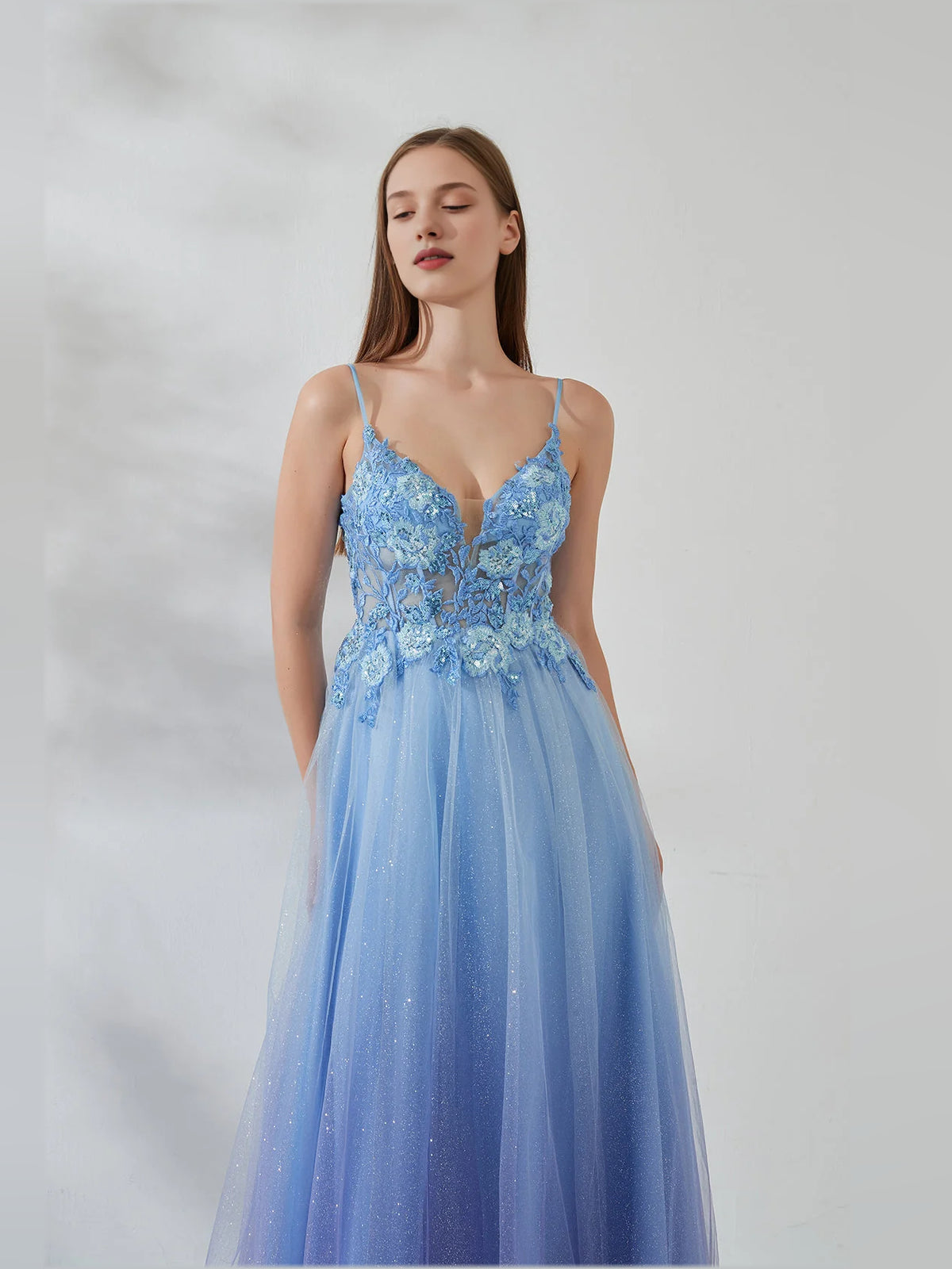 Light Pink maxi prom dress, alternate view showing the bodice and skirt