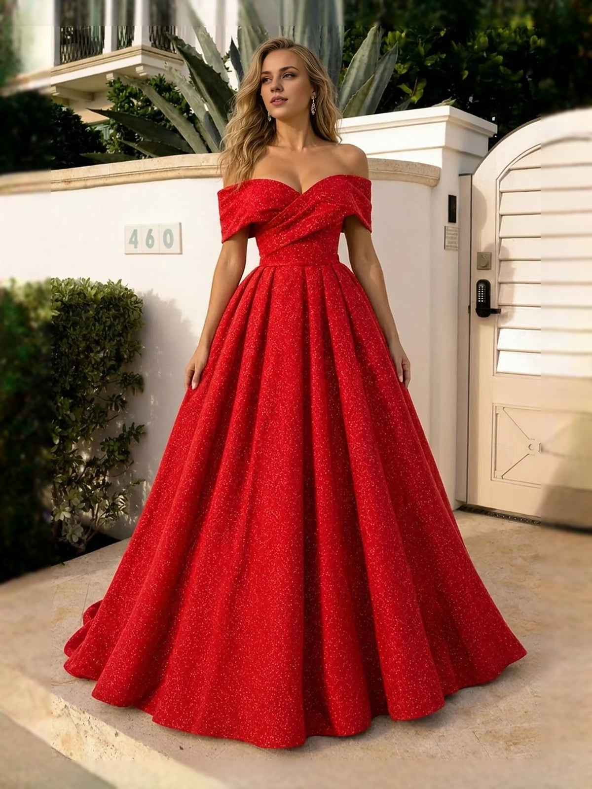 Red floor-length prom dress, alternate view showing the bodice and skirt
