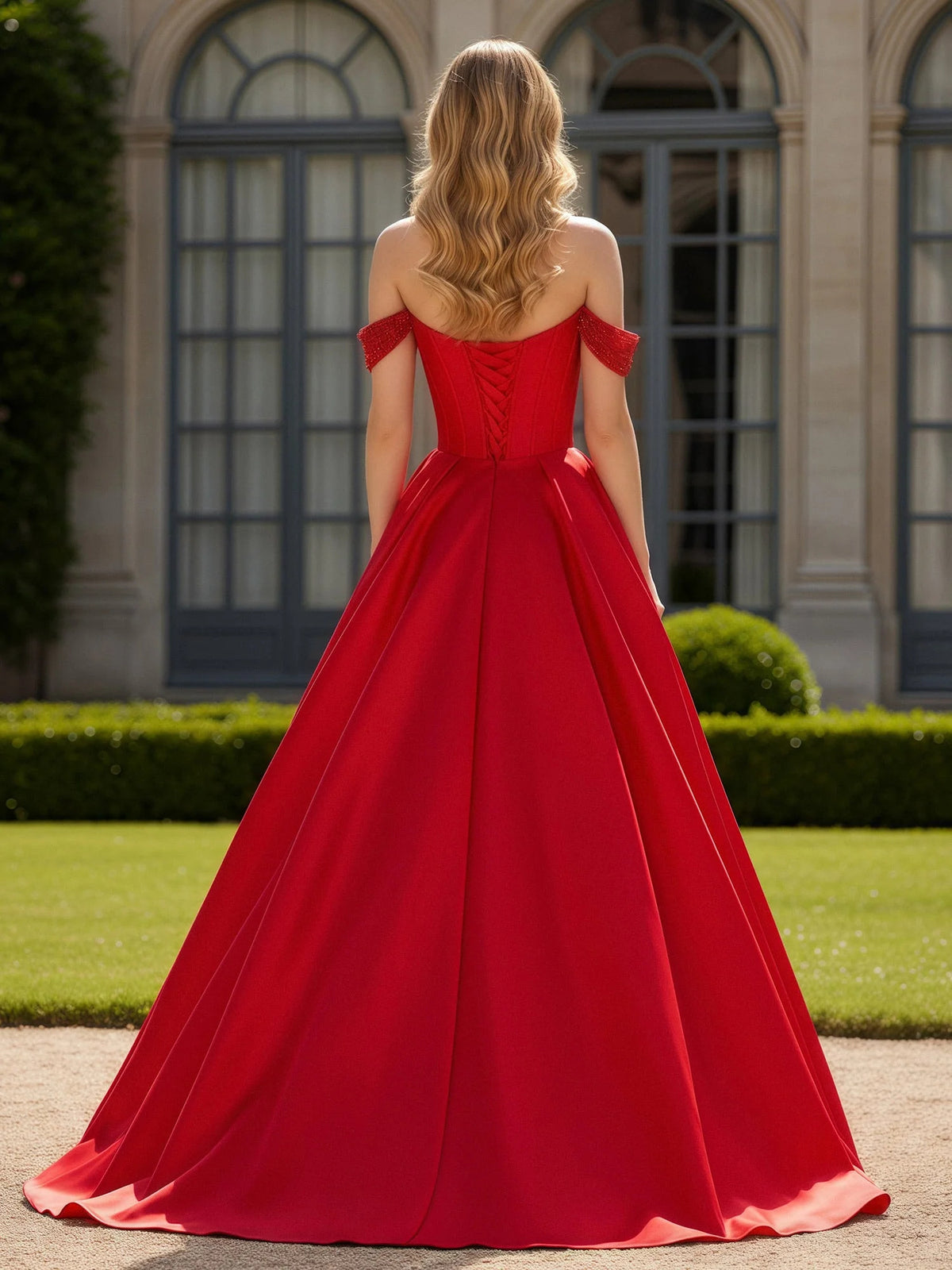 Red maxi prom dress, alternate view showing the bodice and skirt