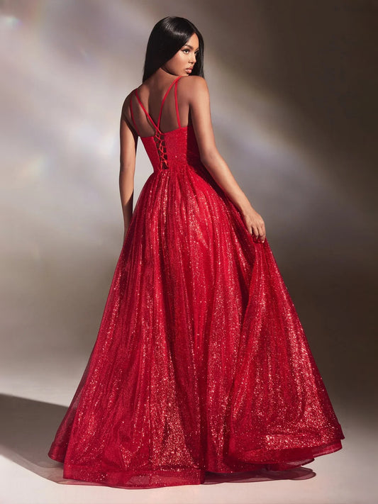 Red floor-length prom dress, alternate view showing the bodice and skirt