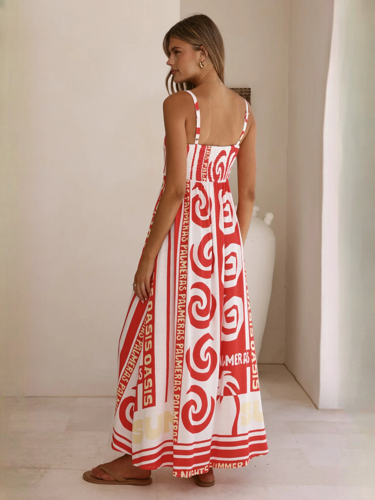 Print a-line maxi formal dress with printed pattern, full-length back view