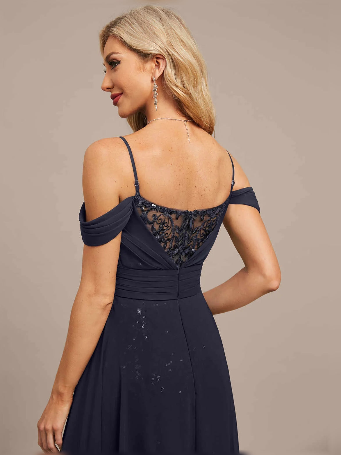 Dark Navy maxi mother of the bride dress, alternate view showing the bodice and skirt