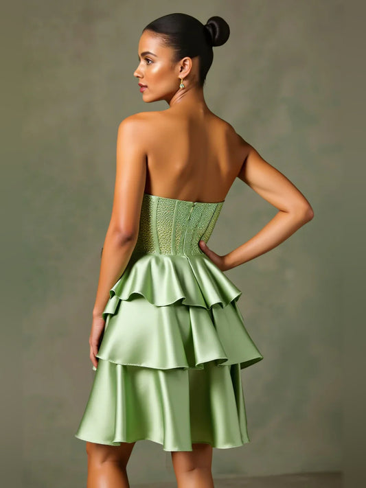 Dusty Sage short homecoming dress, back view showing the rear of the dress