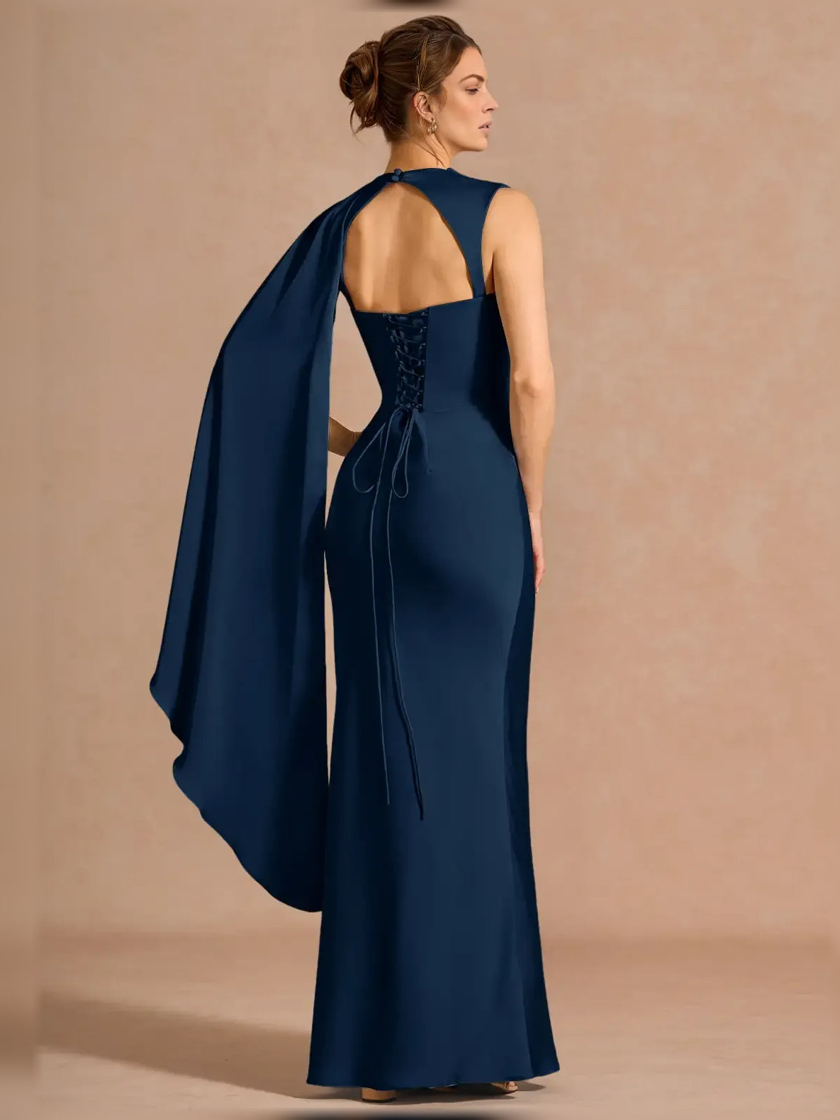 Navy Blue mermaid floor-length formal dress with draping, alternate view