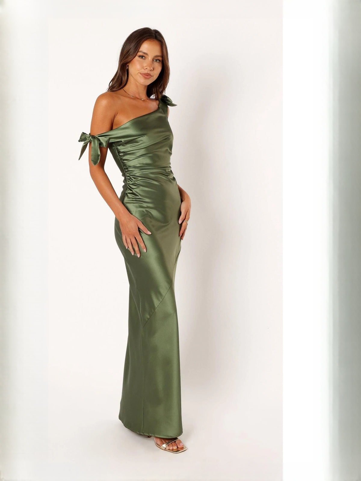 Sage Green mermaid floor-length formal dress with bow detail, alternate view