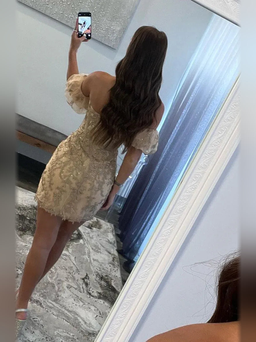 Champagne mini homecoming dress, back view showing the rear of the dress