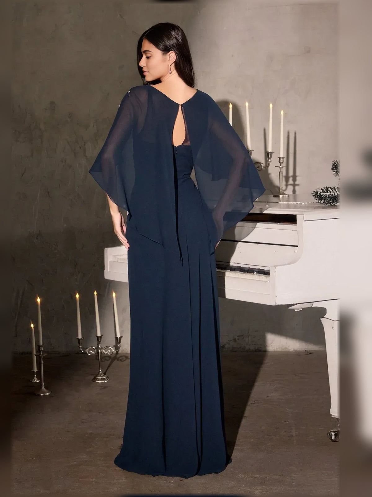 Navy Blue floor-length mother of the bride dress, alternate view showing the bodice and skirt