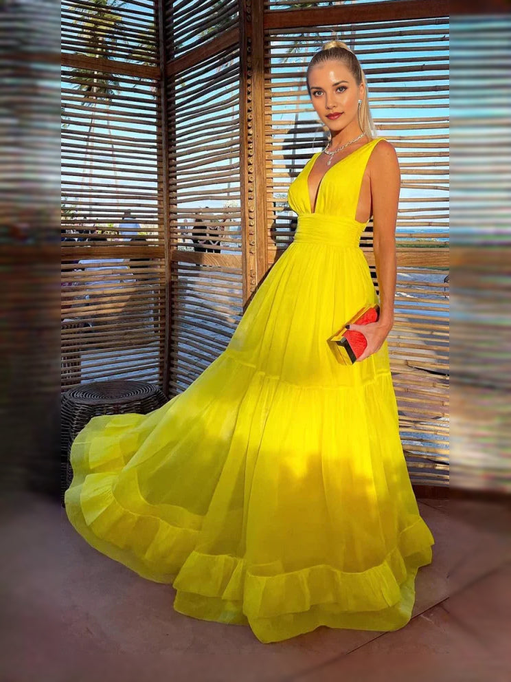 Yellow maxi prom dress, alternate view showing the bodice and skirt