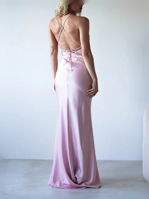 Blush Pink maxi bridesmaid dress, alternate view showing the bodice and skirt