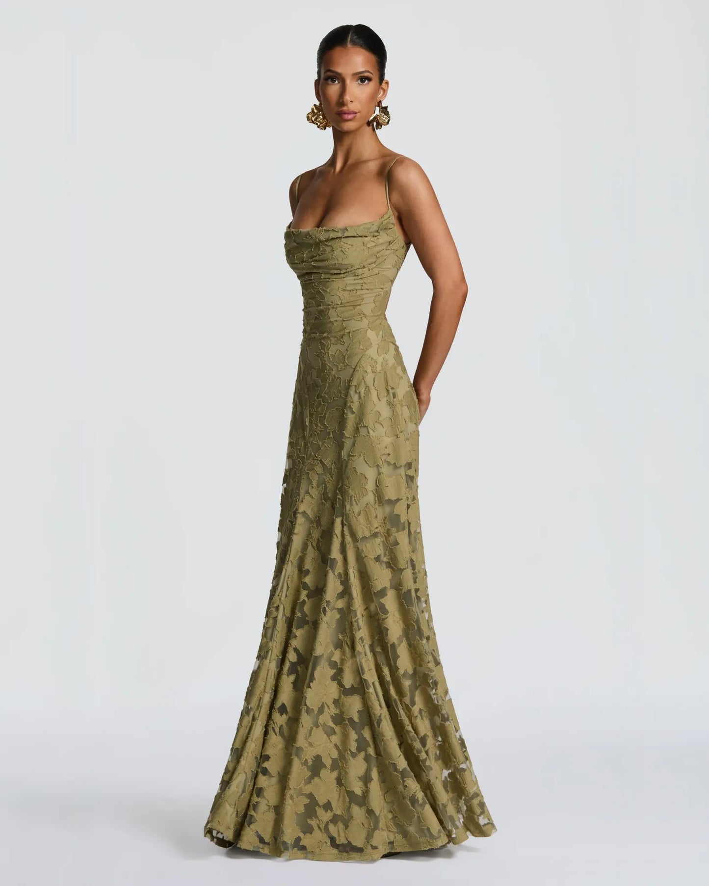 green brown cowl neck floral lace A-line formal dress with lace-up back - image 3