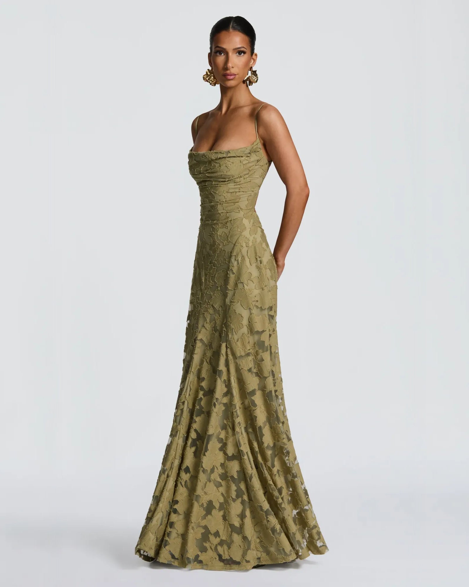 green brown cowl neck floral lace A-line formal dress with lace-up back - image 3