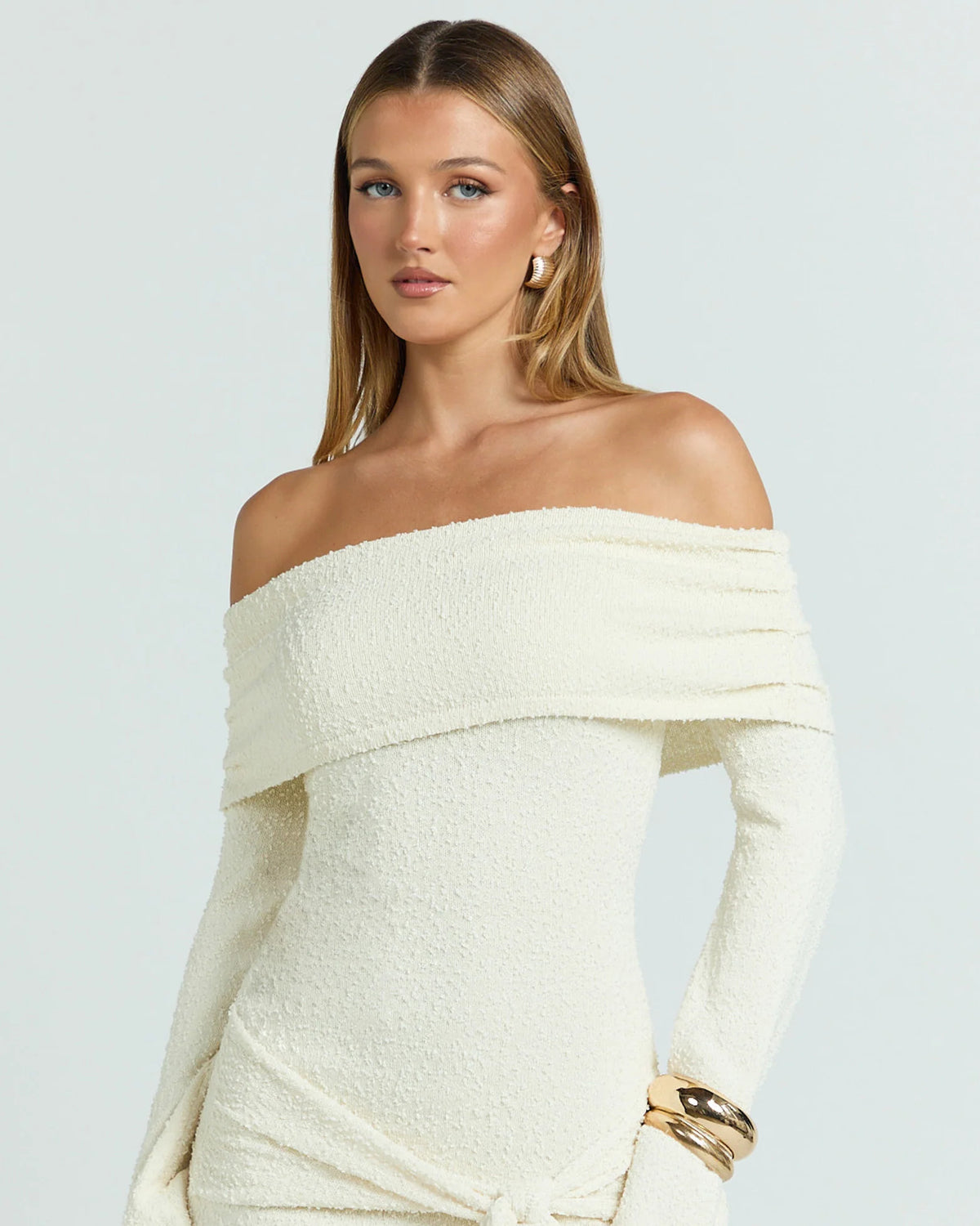 knitted off shoulder tie waist cream mini homecoming dress - image 3