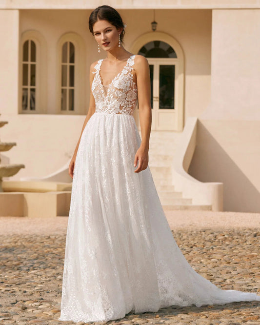 plunging v-neck lace embroidered a-line wedding dress - image 3