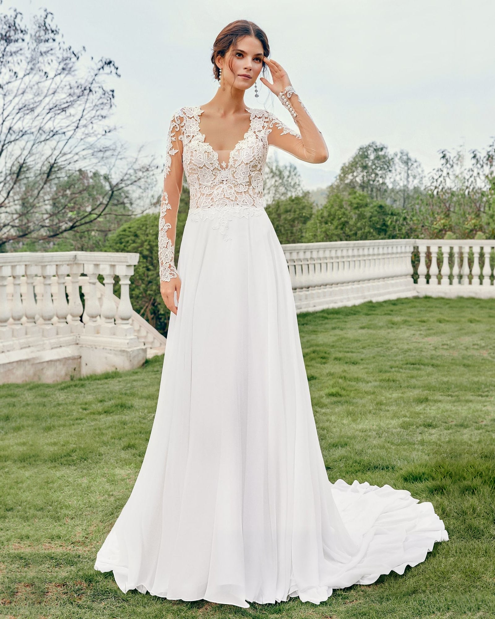 v-neck long sleeve lace chiffon a-line wedding dress - image 3