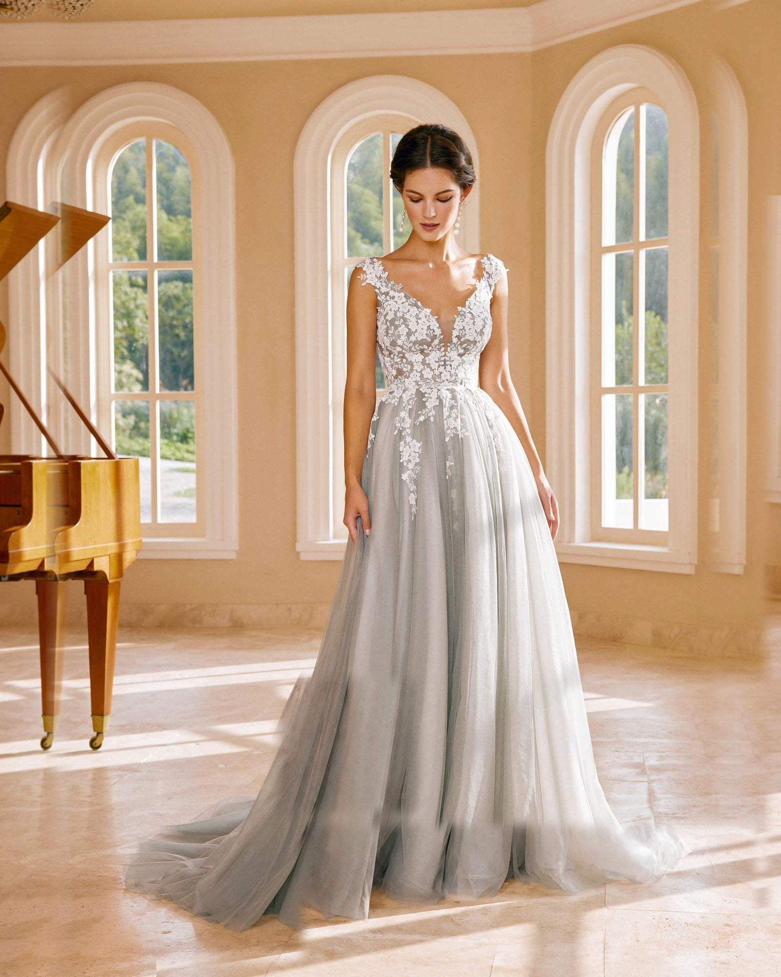 cap sleeve v-neck lace applique a-line wedding dress - image 3