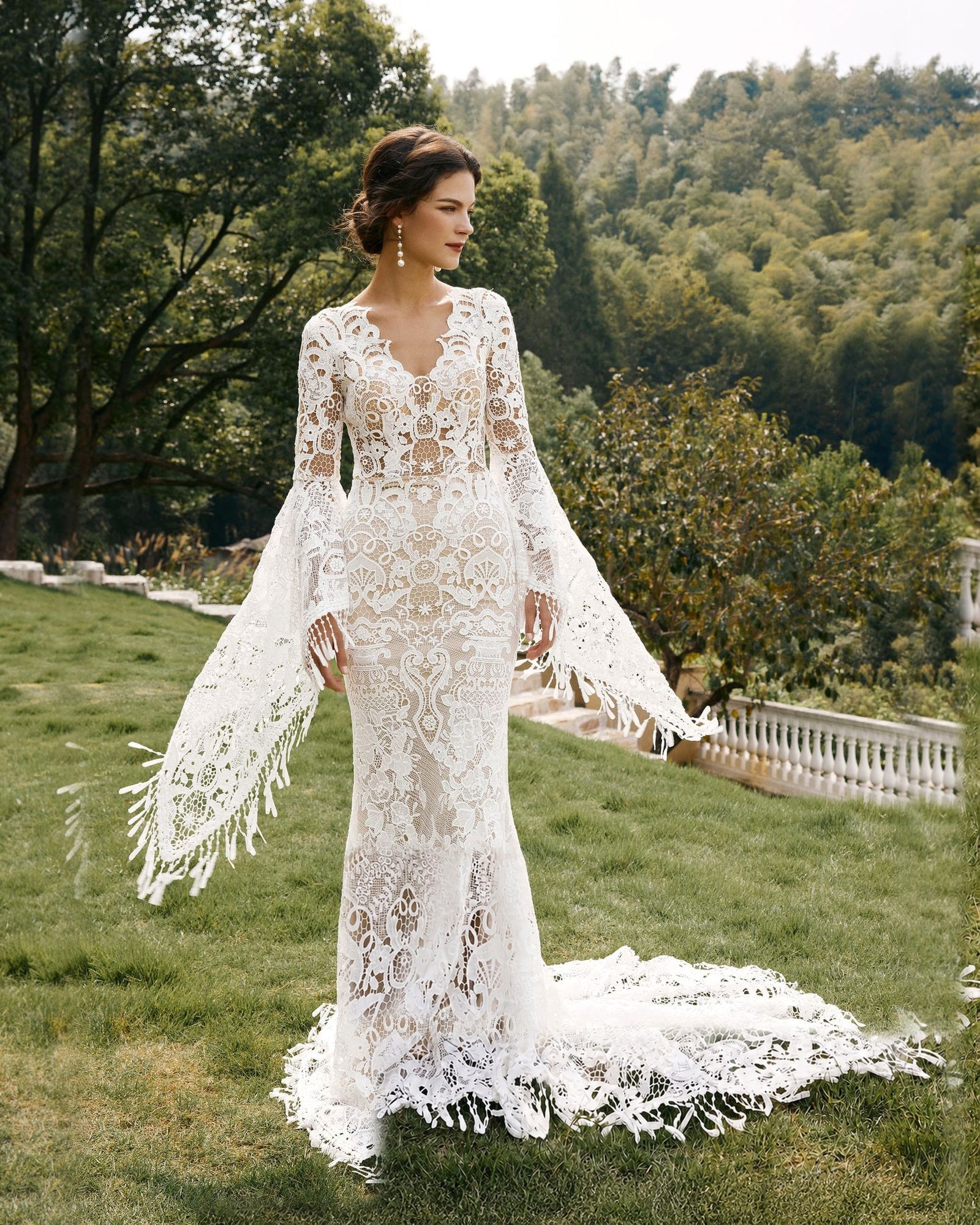 fringe bell sleeve lace mermaid wedding dress - image 3