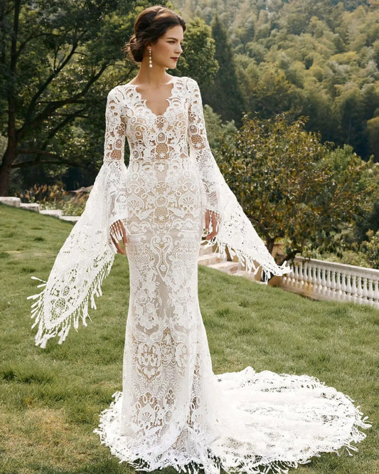fringe bell sleeve lace mermaid wedding dress - image 3