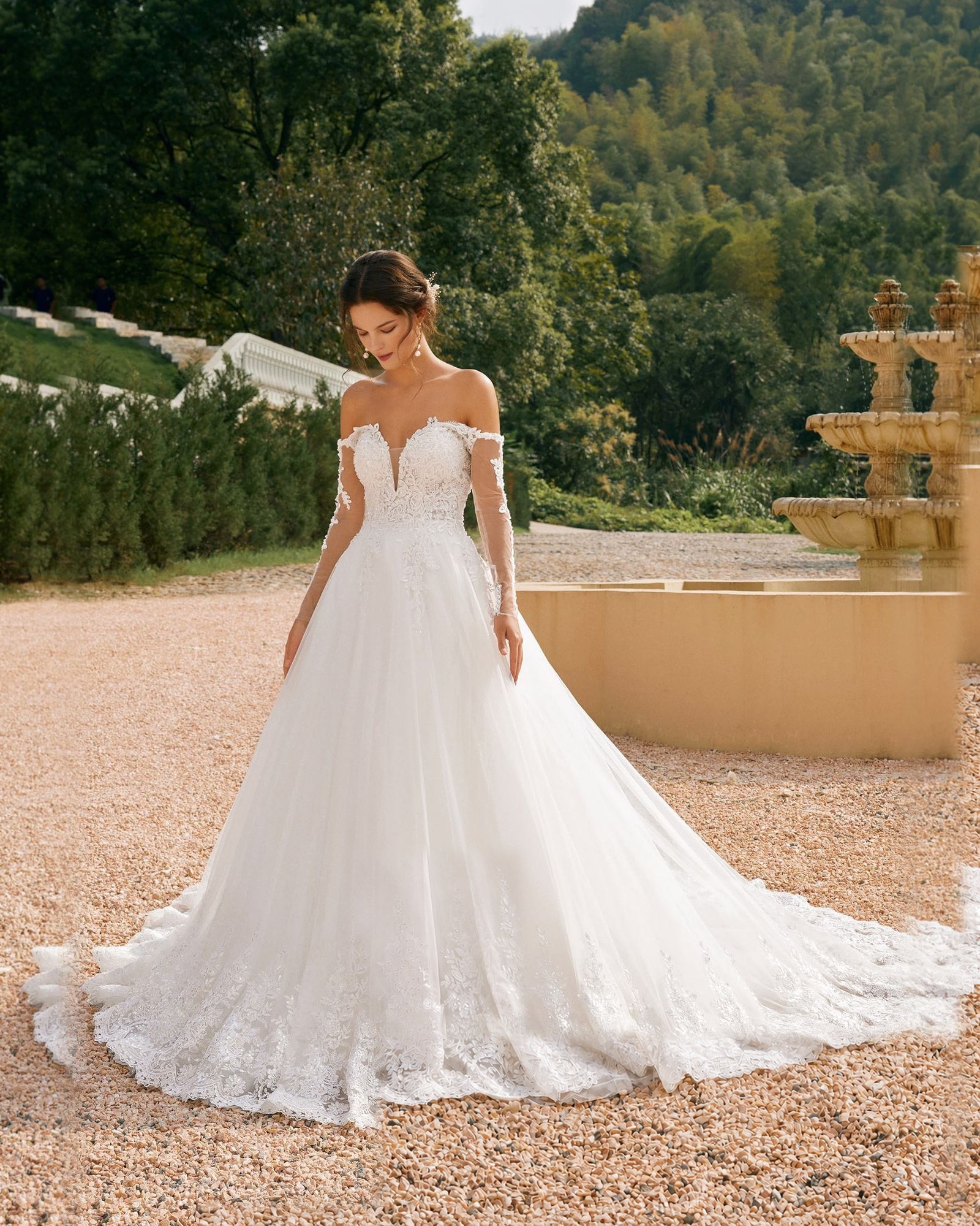 off-shoulder lace sleeve tulle wedding ball gown - image 3