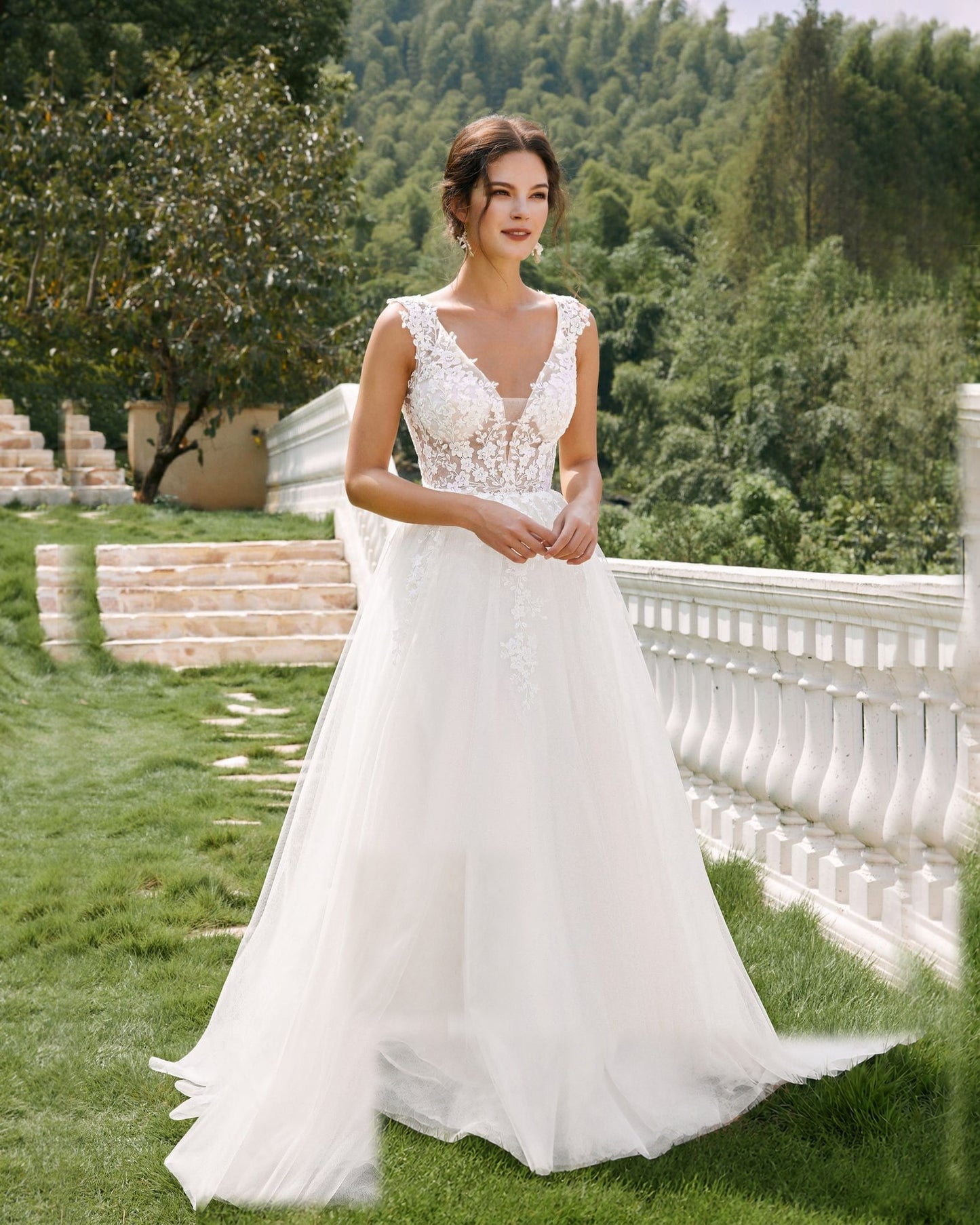 sleeveless v-neck lace tulle a-line wedding dress - image 3