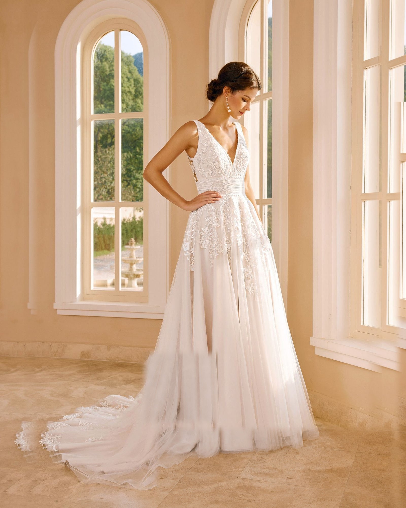 sleeveless v-neck lace tulle chapel train wedding dress - image 3