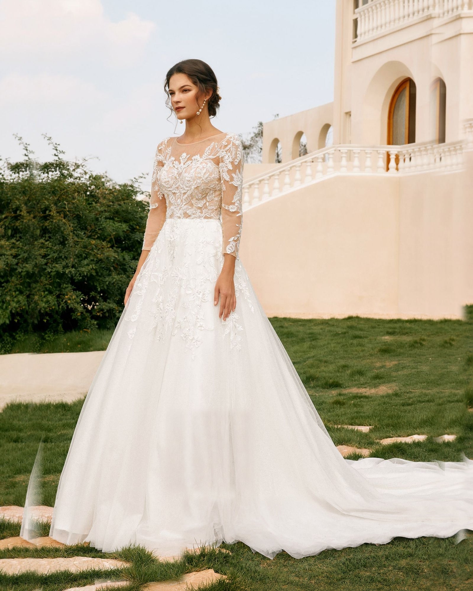 bateau neck lace sleeve tulle a-line wedding dress - image 3