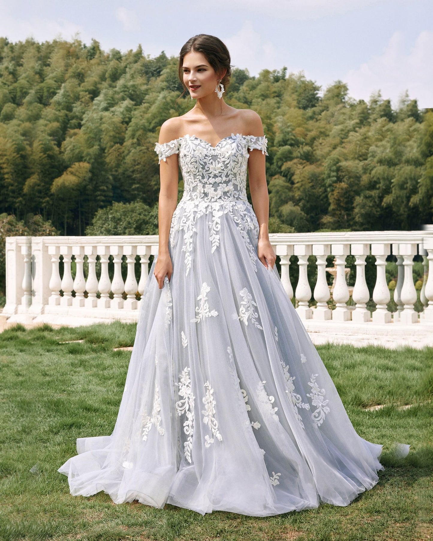off-shoulder lace applique tulle ball gown wedding dress - image 3