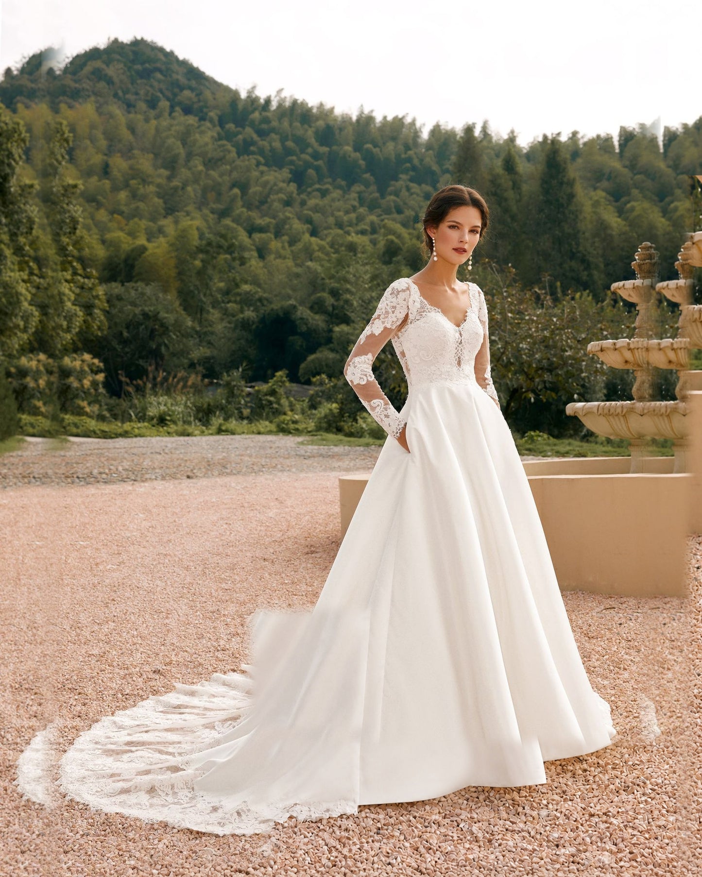 long sleeve lace bodice satin a-line wedding dress - image 3