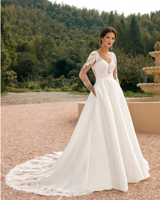 long sleeve lace bodice satin a-line wedding dress - image 3