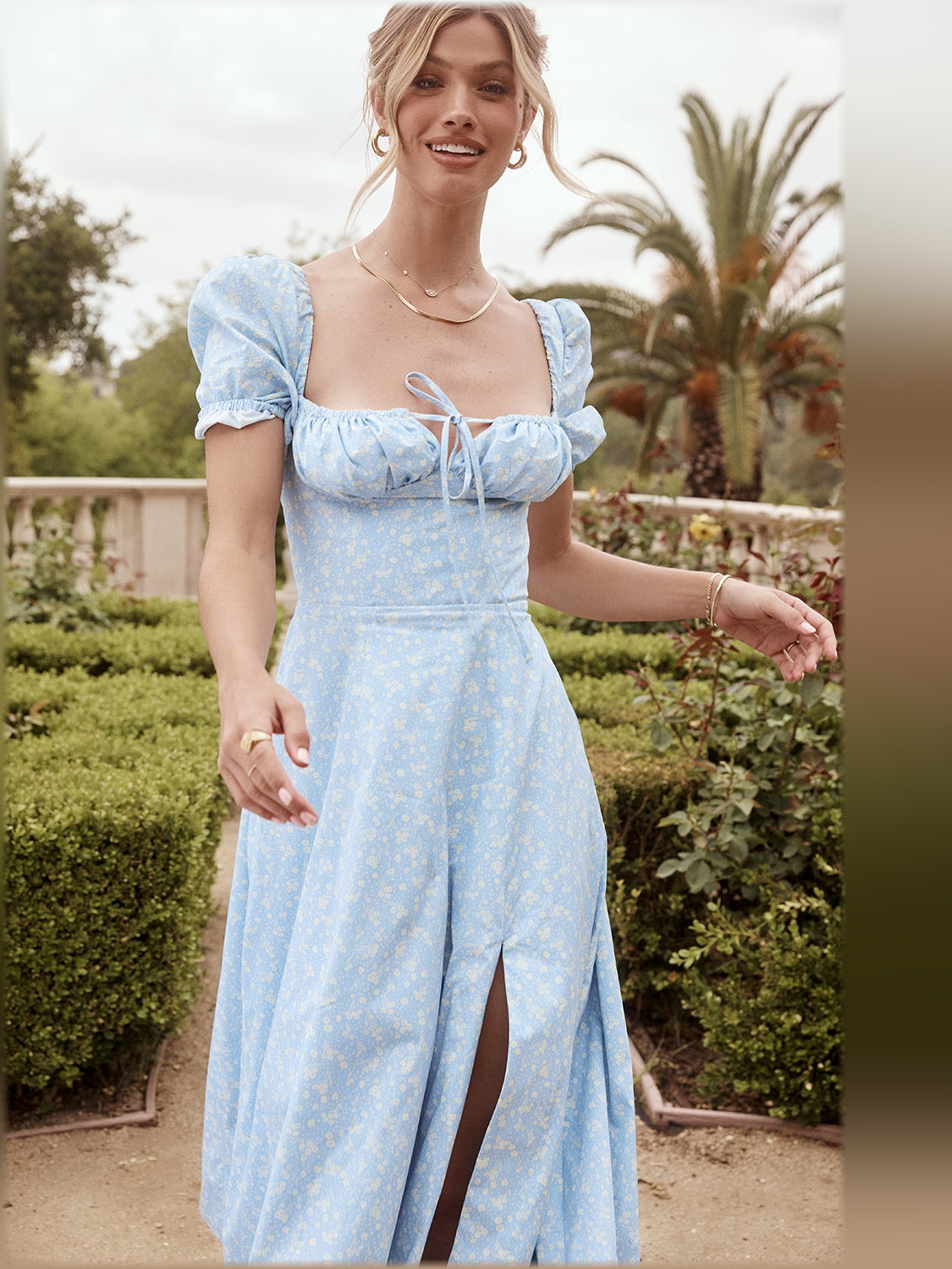 Blue Ivory Floral midi formal dress with floral print, alternate view showing the bodice