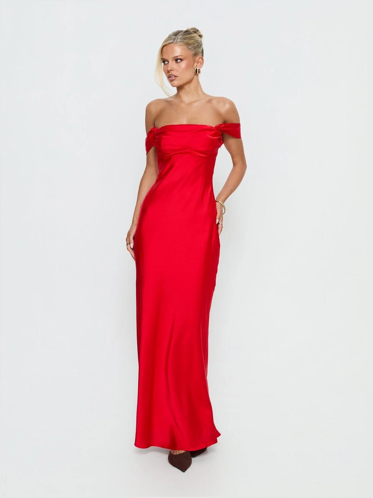 Red maxi prom dress, alternate view showing the dress shape and hem