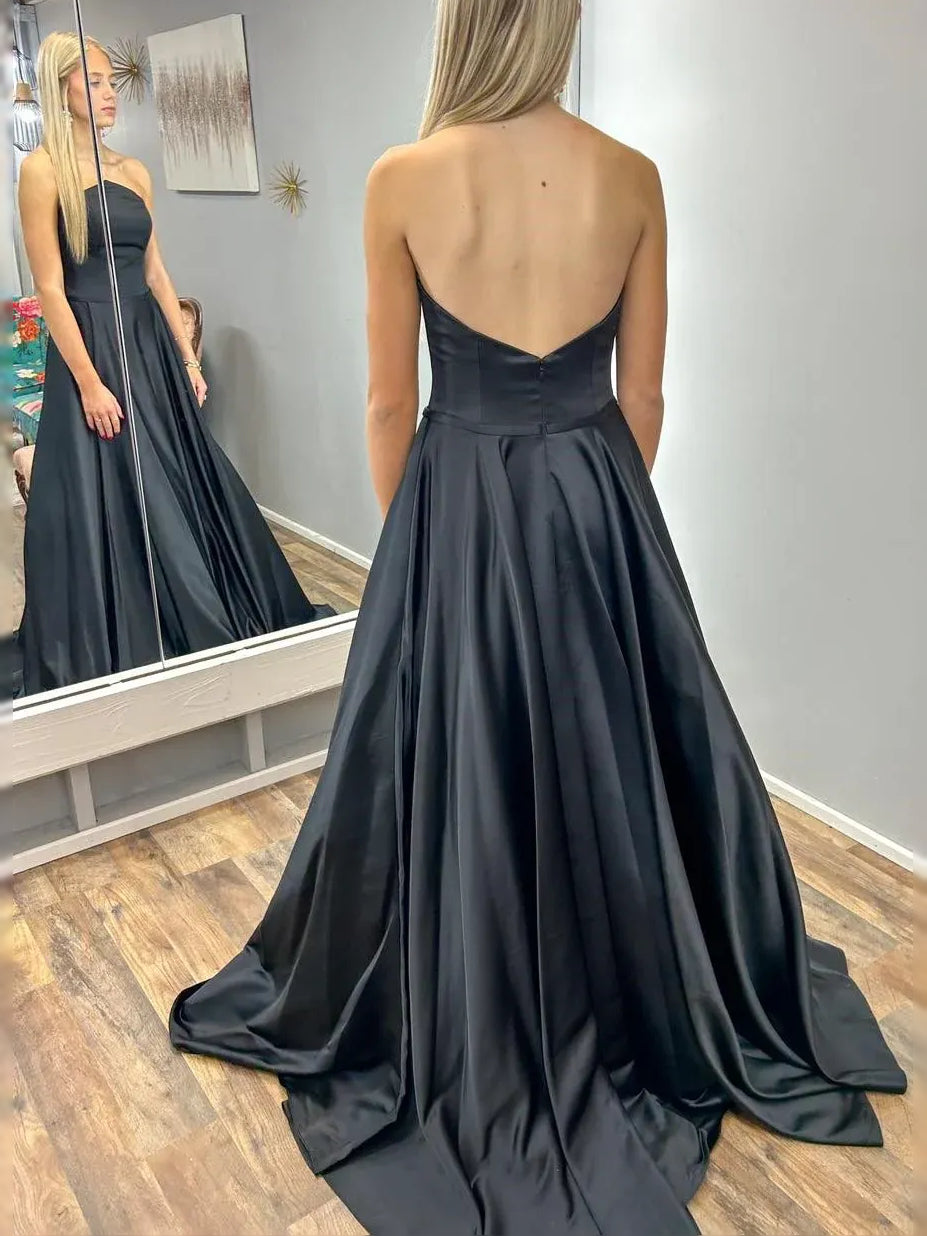 Black maxi prom dress, back view showing the rear of the dress from another angle