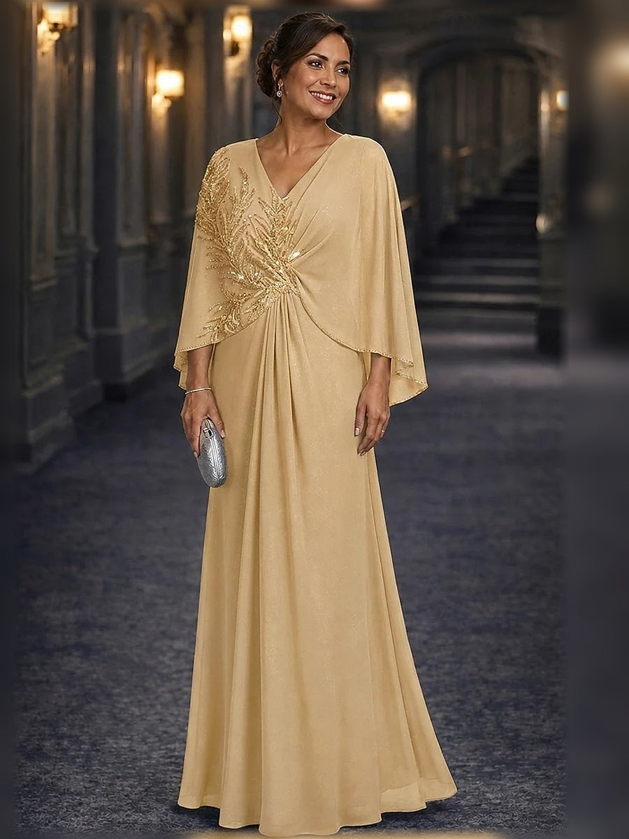 Gold floor-length mother of the bride dress, alternate view showing the dress shape and hem