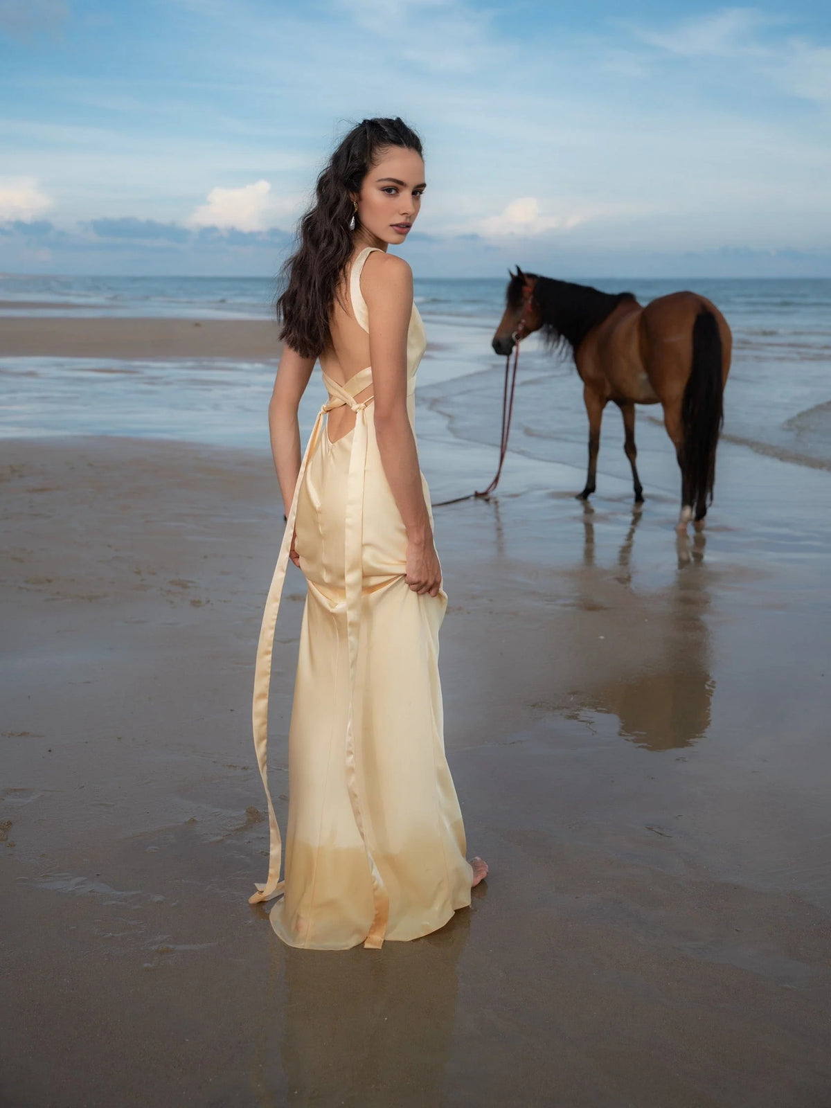 Champagne floor-length prom dress, alternate view showing the dress shape and hem