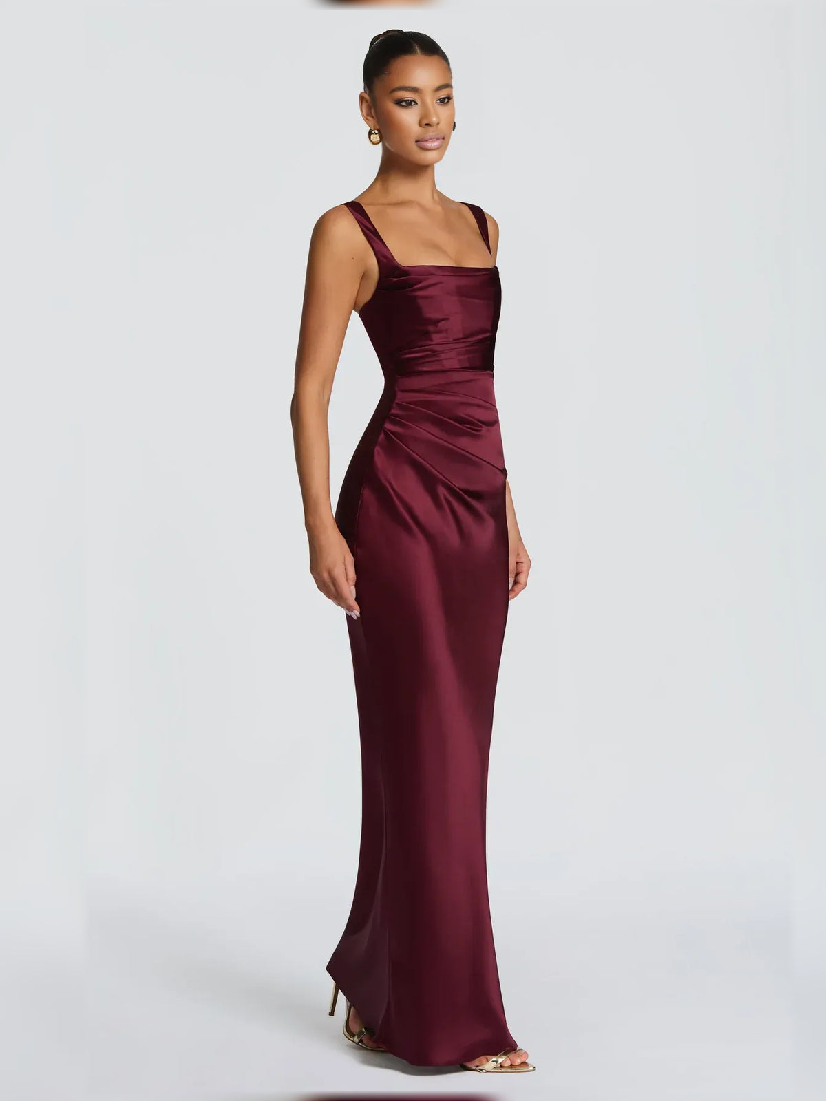 Burgundy mermaid floor-length formal dress with ruching, alternate view