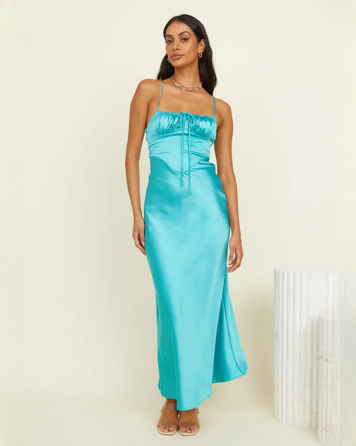 sleeveless satin a-line maxi bridesmaid dress - image 3