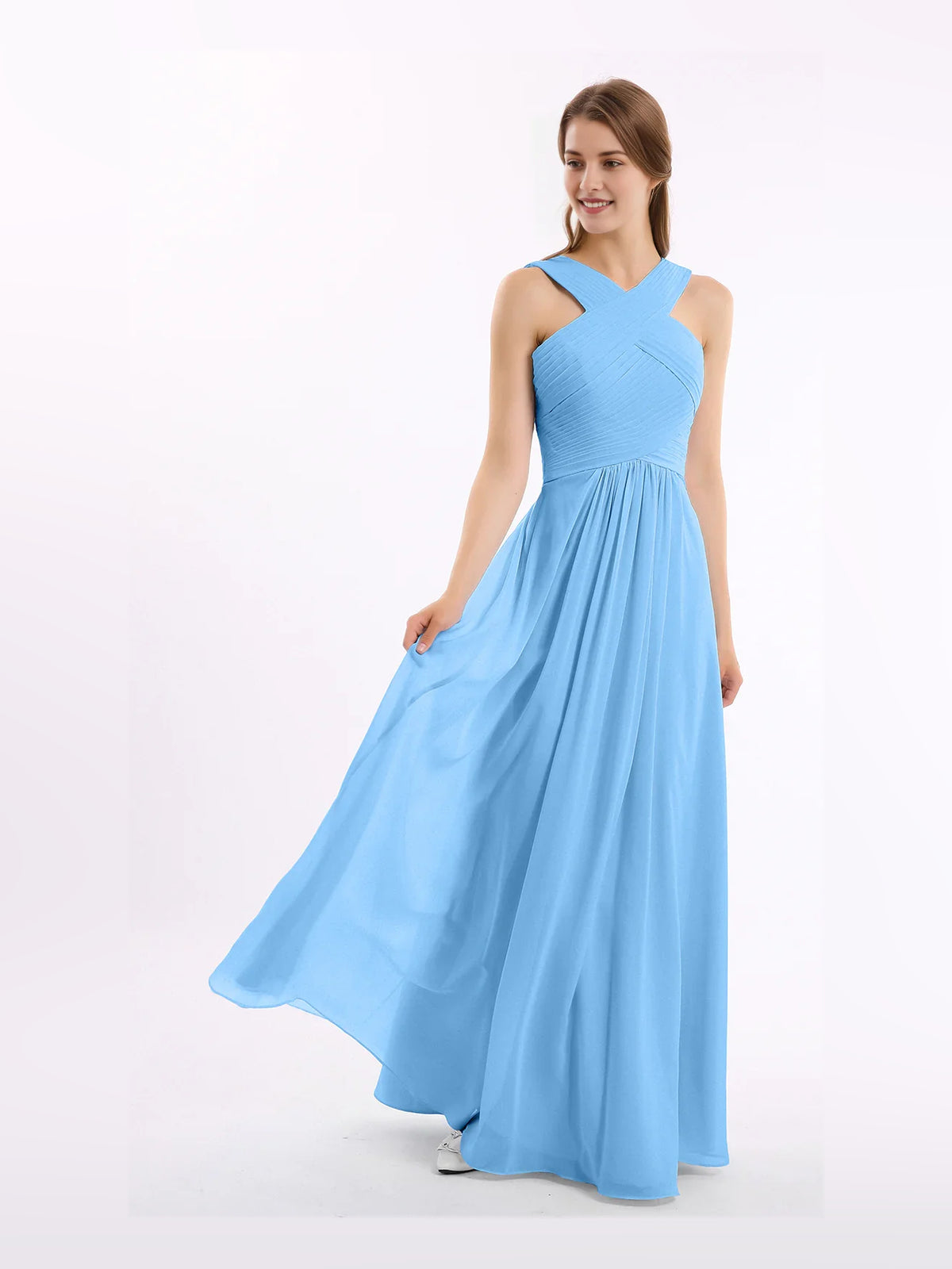 Blush Pink maxi bridesmaid dress, alternate view showing the dress shape and hem
